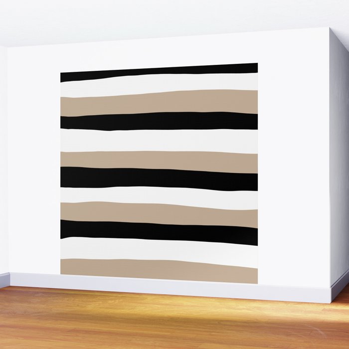 Uneven Stripes - Taupe, Black and White Wall Mural Gallery Image 2