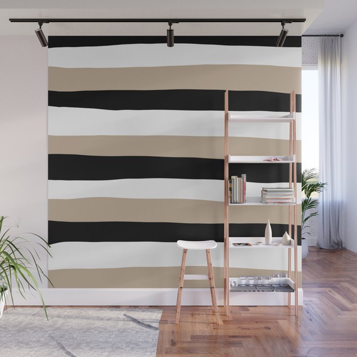 Uneven Stripes - Taupe, Black and White Wall Mural Gallery Image 1