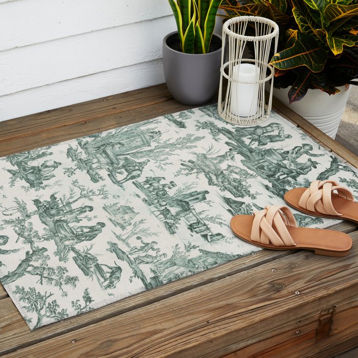 Vintage Green French Toile Landscape Outdoor Rug Gallery Image 2