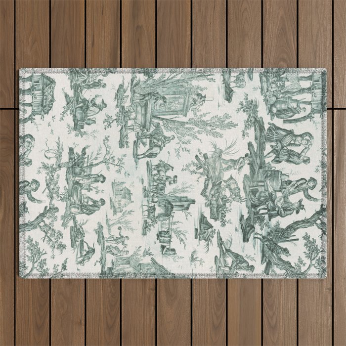 Vintage Green French Toile Landscape Outdoor Rug Gallery Image 1