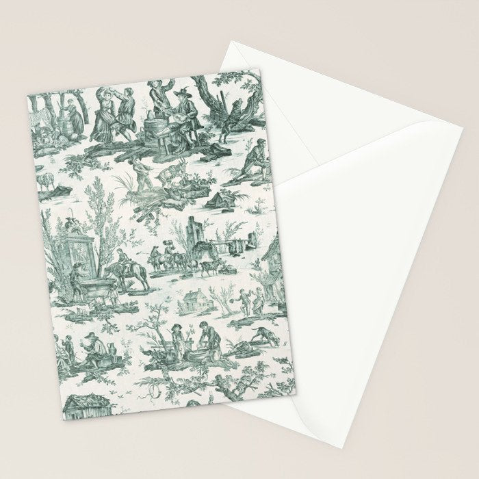 Vintage Green French Toile Landscape Stationery Card Gallery Image 2