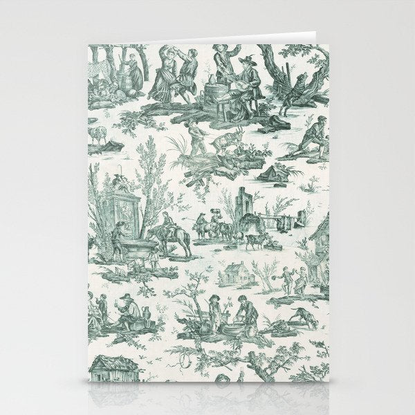 Vintage Green French Toile Landscape Stationery Card Gallery Image 2