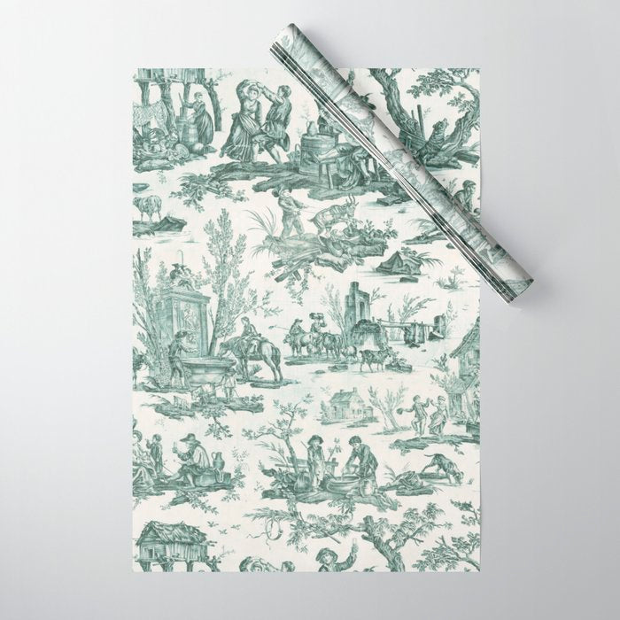 Vintage Green French Toile Landscape Wrapping Paper Gallery Image 1