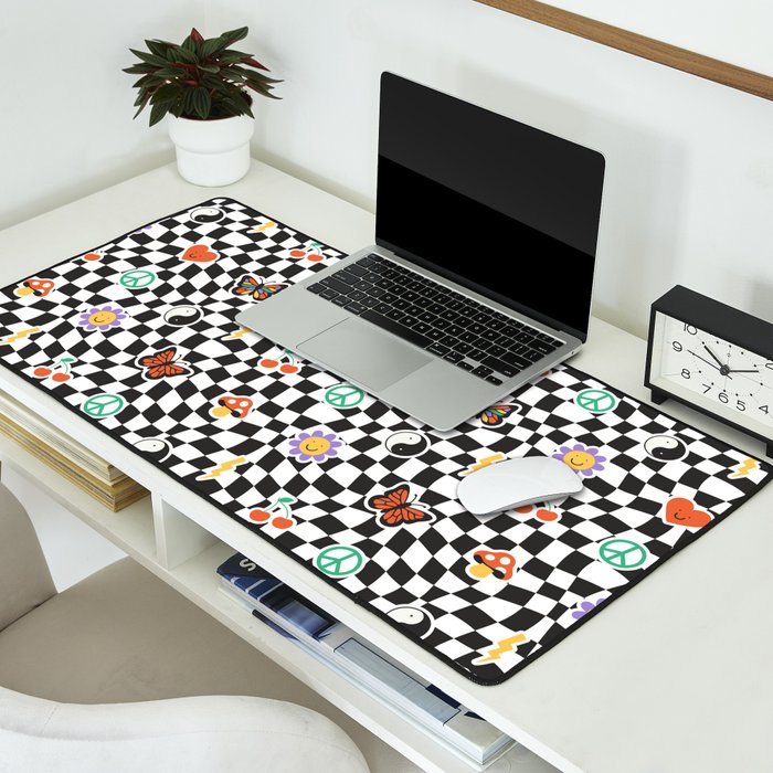 Funny retro cartoon sticker checkered pattern Desk Mat Gallery Image 2
