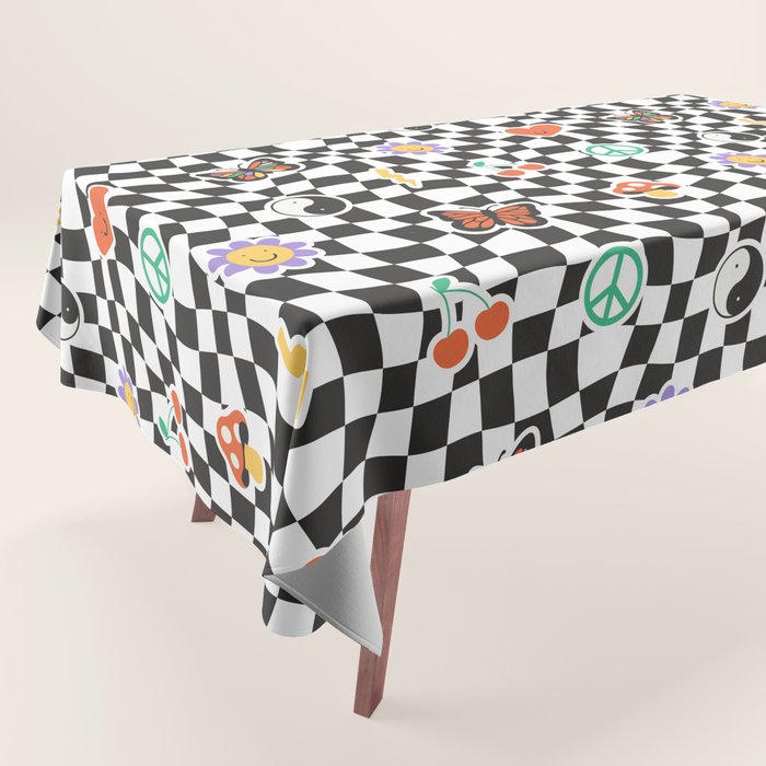Funny retro cartoon sticker checkered pattern Tablecloth Gallery Image 1