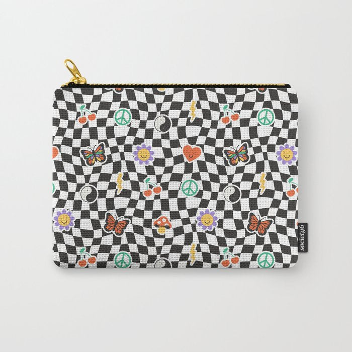 Funny retro cartoon sticker checkered pattern Carry All Pouch Gallery Image 1
