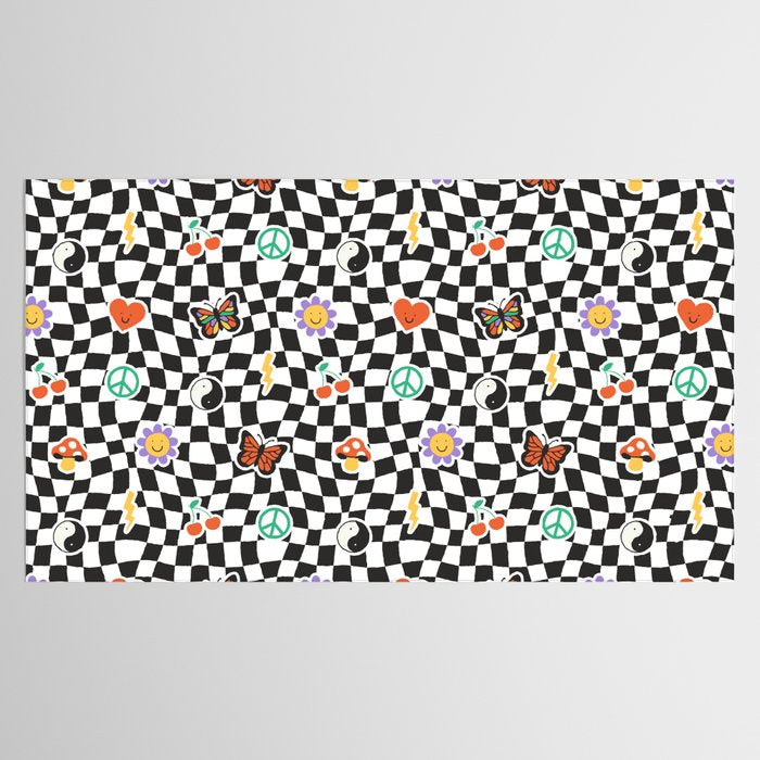 Funny retro cartoon sticker checkered pattern Tablecloth Gallery Image 2