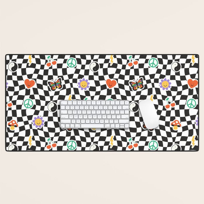 Funny retro cartoon sticker checkered pattern Desk Mat Gallery Image 1