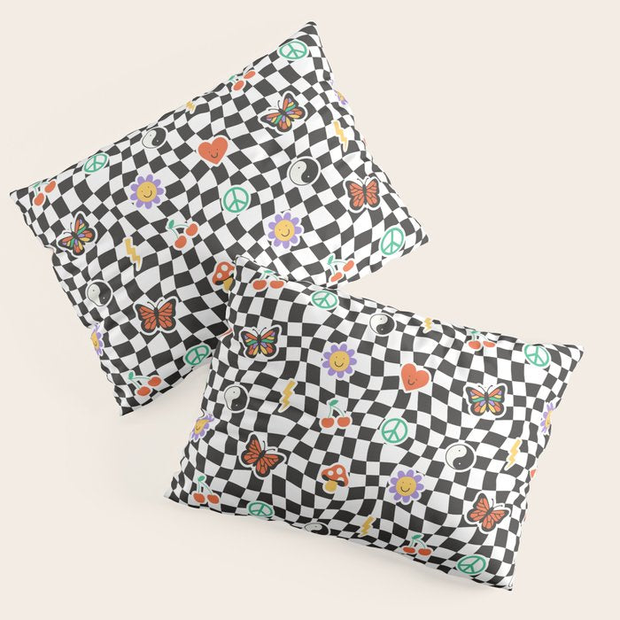 Funny retro cartoon sticker checkered pattern Pillow Sham Gallery Image 1
