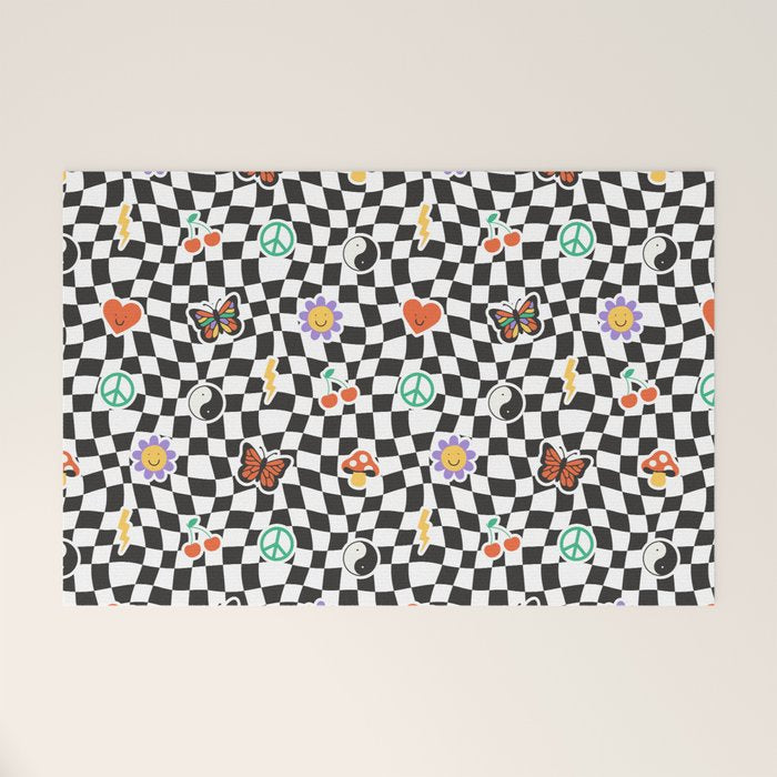 Funny retro cartoon sticker checkered pattern Welcome Mat Gallery Image 1