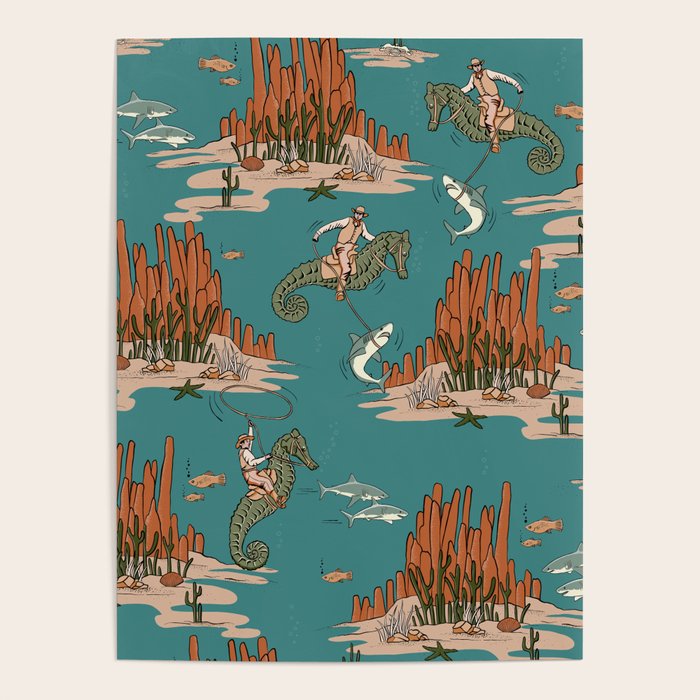 Quirky Western Cowboys on Seahorses Roping Sharks Poster Gallery Image 4