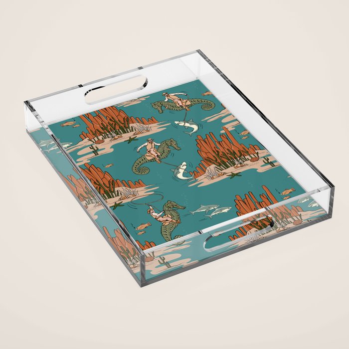 Quirky Western Cowboys on Seahorses Roping Sharks Acrylic Tray Gallery Image 1