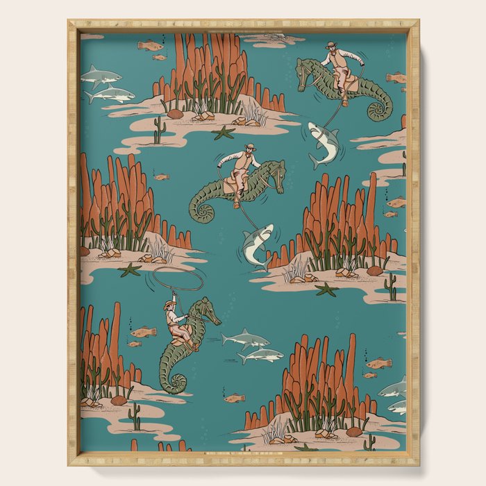Quirky Western Cowboys on Seahorses Roping Sharks Serving Tray Gallery Image 1