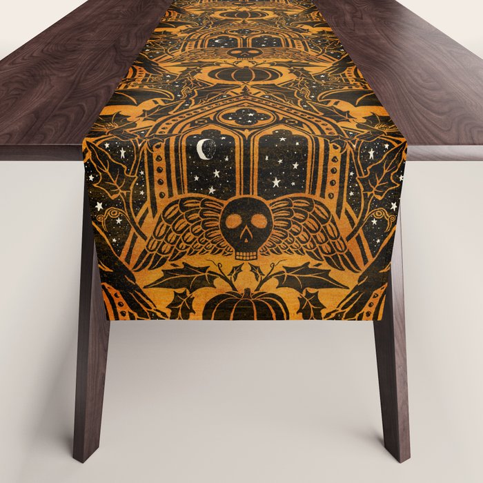 Gothic Halloween Damask - jack oâlantern gold and black  Table Runner Gallery Image 1