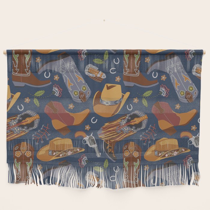 Embroidered cowgirls | Blue Wall Hanging Gallery Image 1