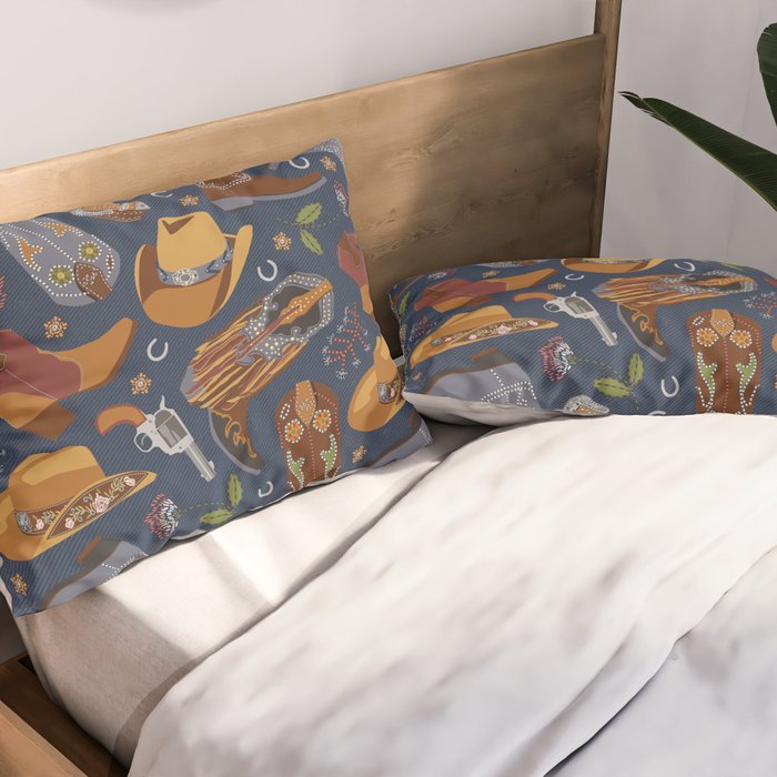 Embroidered cowgirls | Blue Pillow Sham Gallery Image 2