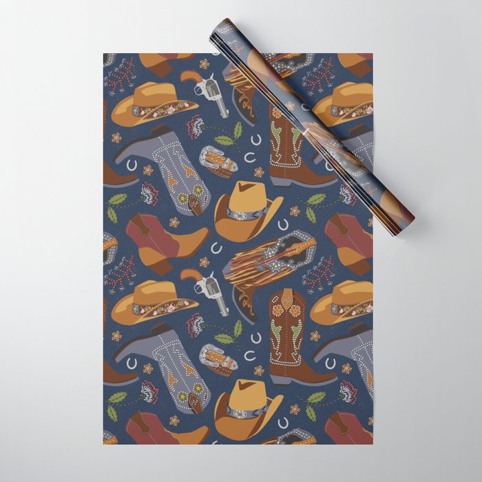 Embroidered cowgirls | Blue Wrapping Paper Gallery Image 1