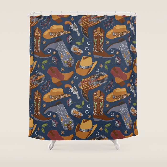 Embroidered cowgirls | Blue Shower Curtain Gallery Image 1