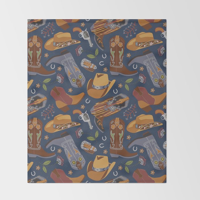 Embroidered cowgirls | Blue Throw Blanket Gallery Image 2