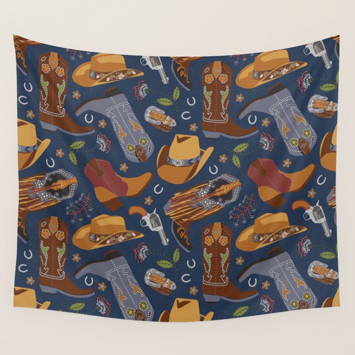 Embroidered cowgirls | Blue Wall Tapestry Gallery Image 1