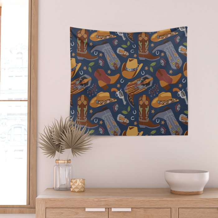 Embroidered cowgirls | Blue Wall Tapestry Gallery Image 2