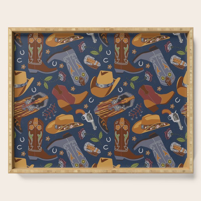 Embroidered cowgirls | Blue Serving Tray Gallery Image 1