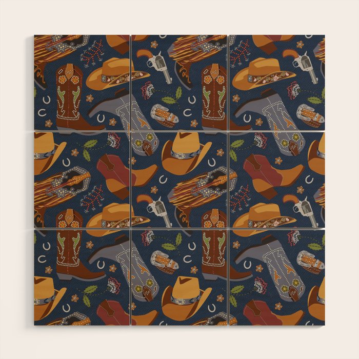 Embroidered cowgirls | Blue Wood Wall Art Gallery Image 1