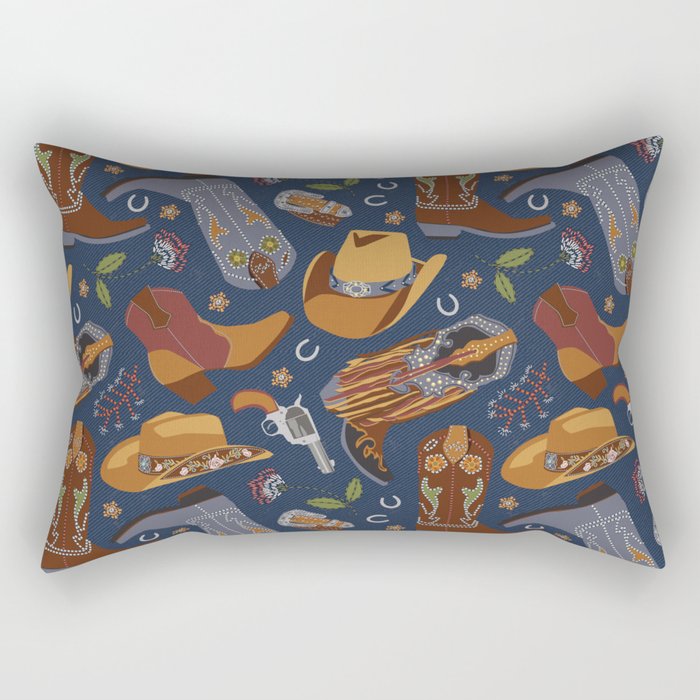 Embroidered cowgirls | Blue Rectangular Pillow Gallery Image 1