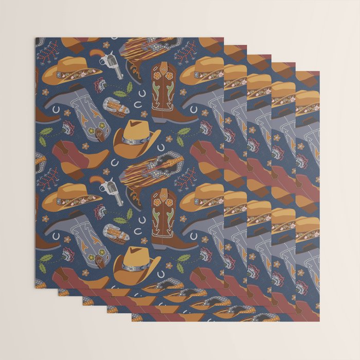 Embroidered cowgirls | Blue Wrapping Paper Gallery Image 3