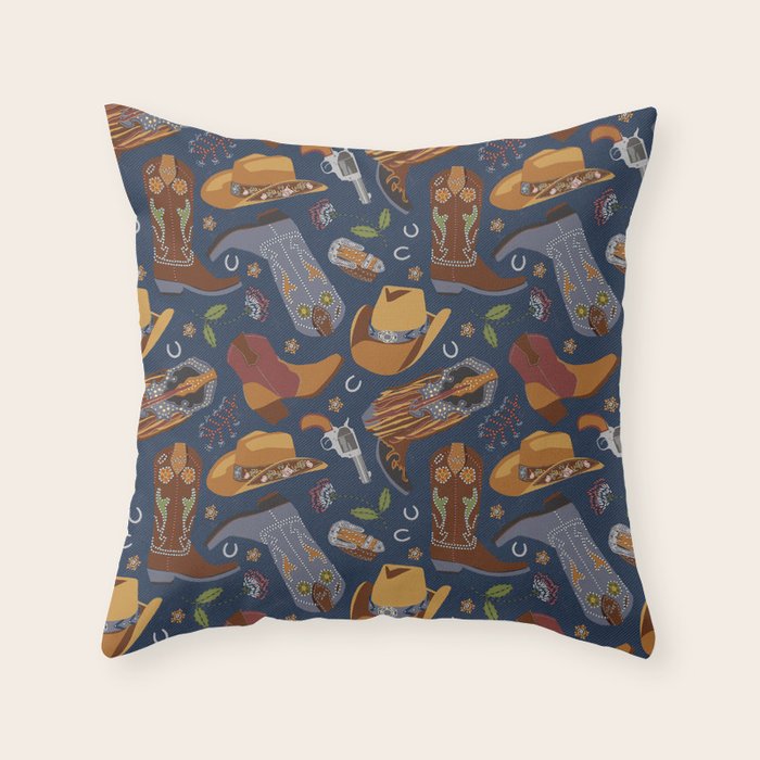 Embroidered cowgirls | Blue Throw Pillow Gallery Image 1