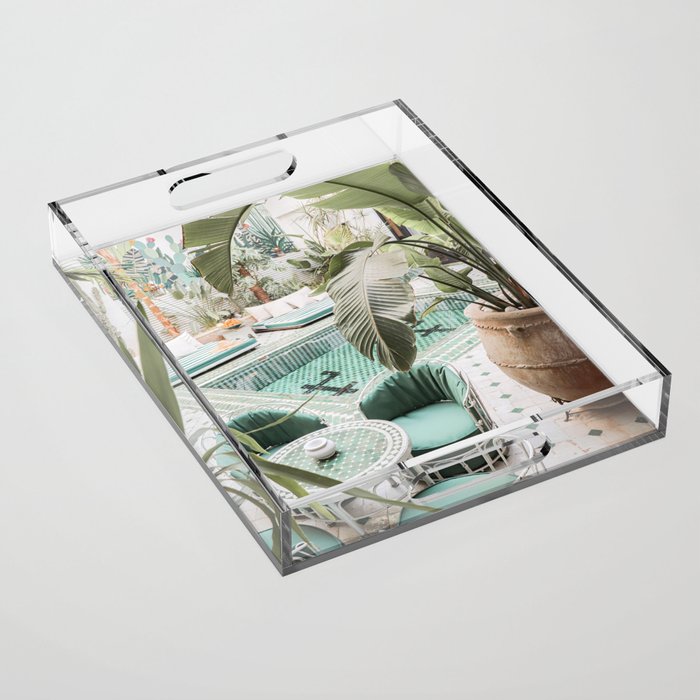 Travel Photography Art Print | Tropical Plant Leaves In Marrakech Photo | Green Pool Interior Design Acrylic Tray Gallery Image 1