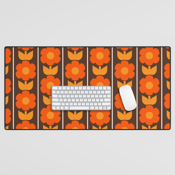 Jonnty Flowers Retro Floral Stripe Pattern in 70s Brown and Orange Desk Mat Gallery Image 1