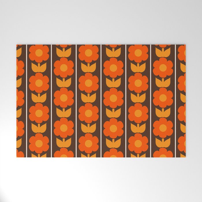Jonnty Flowers Retro Floral Stripe Pattern in 70s Brown and Orange Welcome Mat Gallery Image 1