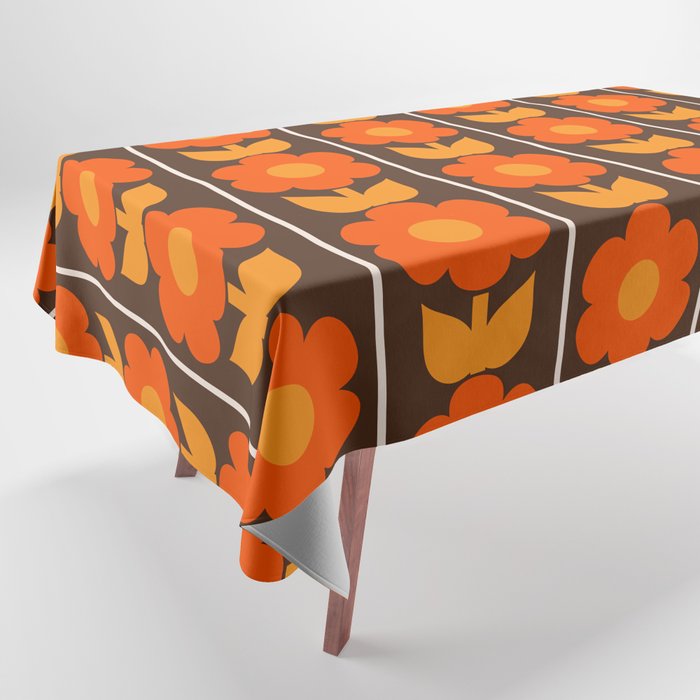 Jonnty Flowers Retro Floral Stripe Pattern in 70s Brown and Orange Tablecloth Gallery Image 1
