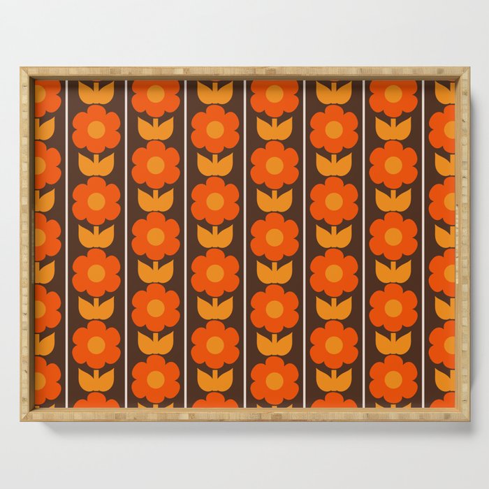 Jonnty Flowers Retro Floral Stripe Pattern in 70s Brown and Orange Serving Tray Gallery Image 1