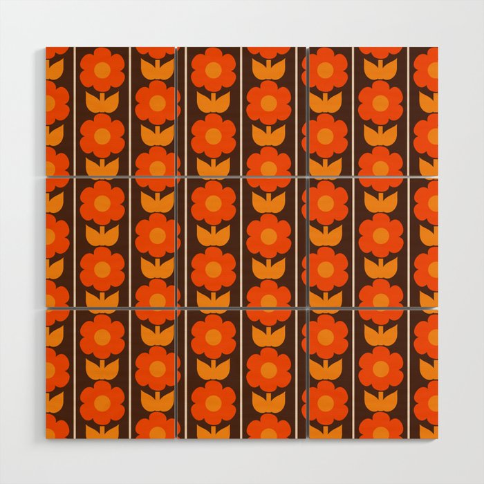 Jonnty Flowers Retro Floral Stripe Pattern in 70s Brown and Orange Wood Wall Art Gallery Image 1