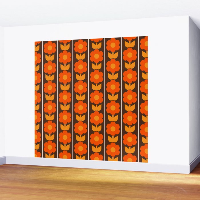 Jonnty Flowers Retro Floral Stripe Pattern in 70s Brown and Orange Wall Mural Gallery Image 2