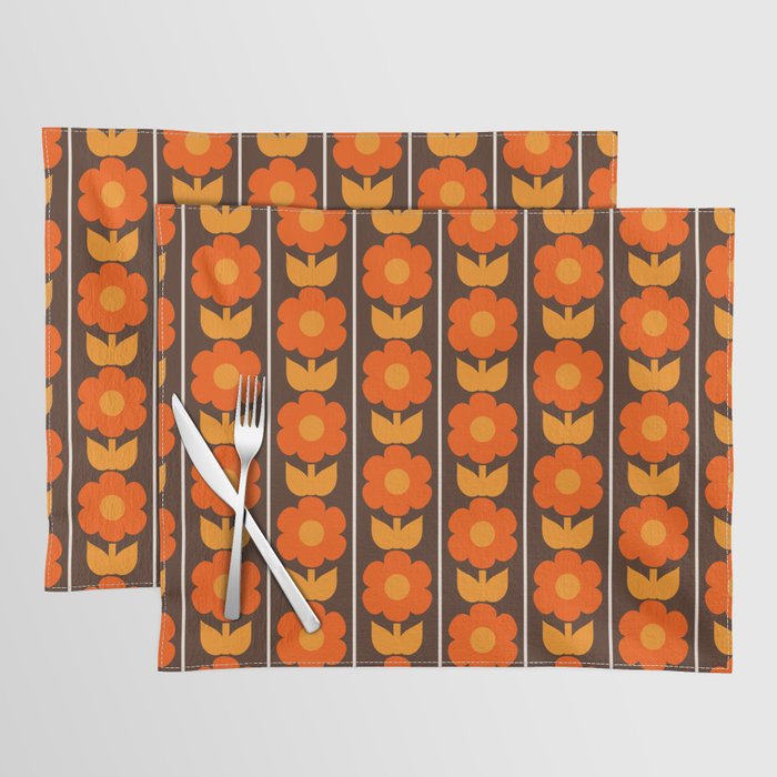 Jonnty Flowers Retro Floral Stripe Pattern in 70s Brown and Orange Placemat Gallery Image 1