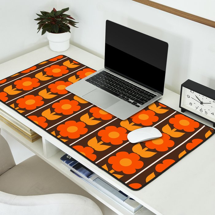 Jonnty Flowers Retro Floral Stripe Pattern in 70s Brown and Orange Desk Mat Gallery Image 2