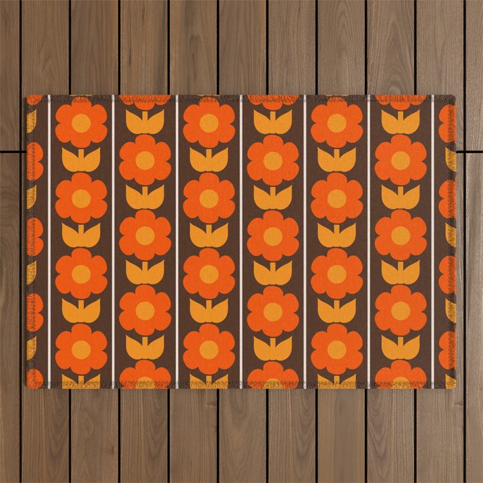 Jonnty Flowers Retro Floral Stripe Pattern in 70s Brown and Orange Outdoor Rug Gallery Image 1