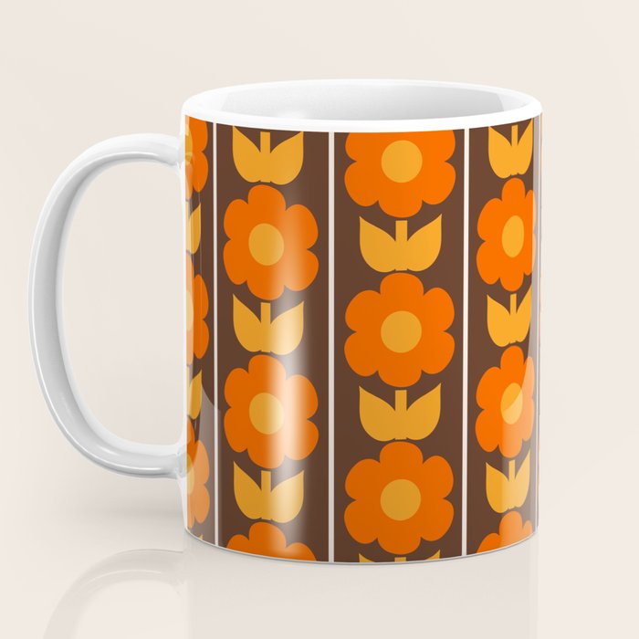 Jonnty Flowers Retro Floral Stripe Pattern in 70s Brown and Orange Coffee Mug Gallery Image 3