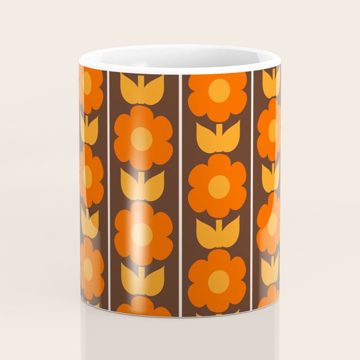 Jonnty Flowers Retro Floral Stripe Pattern in 70s Brown and Orange Coffee Mug Gallery Image 4