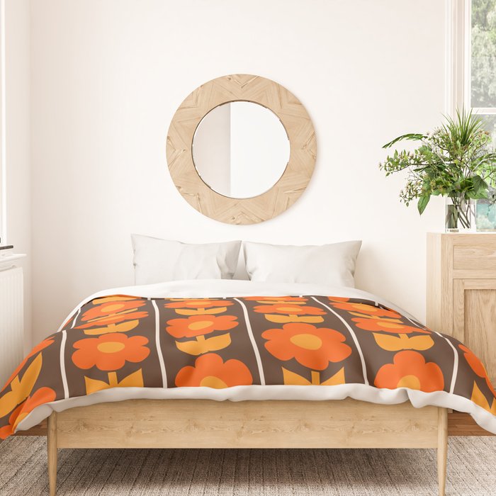 Jonnty Flowers Retro Floral Stripe Pattern in 70s Brown and Orange Duvet Cover Gallery Image 3
