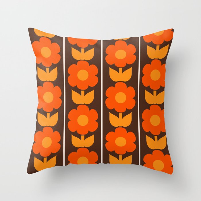 Jonnty Flowers Retro Floral Stripe Pattern in 70s Brown and Orange Throw Pillow Gallery Image 6