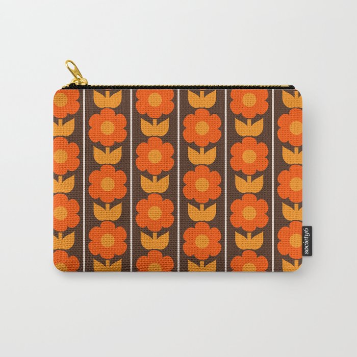 Jonnty Flowers Retro Floral Stripe Pattern in 70s Brown and Orange Carry All Pouch Gallery Image 1