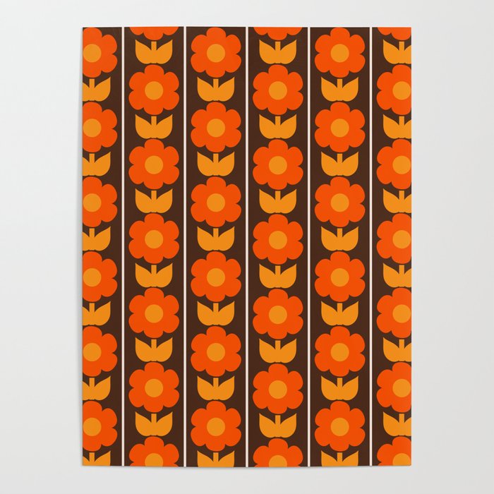 Jonnty Flowers Retro Floral Stripe Pattern in 70s Brown and Orange Poster Gallery Image 1