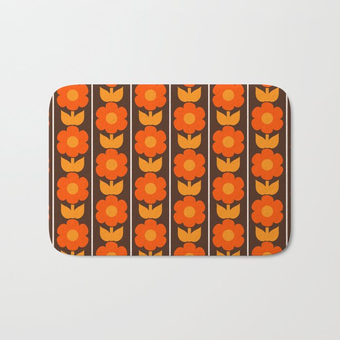 Jonnty Flowers Retro Floral Stripe Pattern in 70s Brown and Orange Bath Mat Gallery Image 1