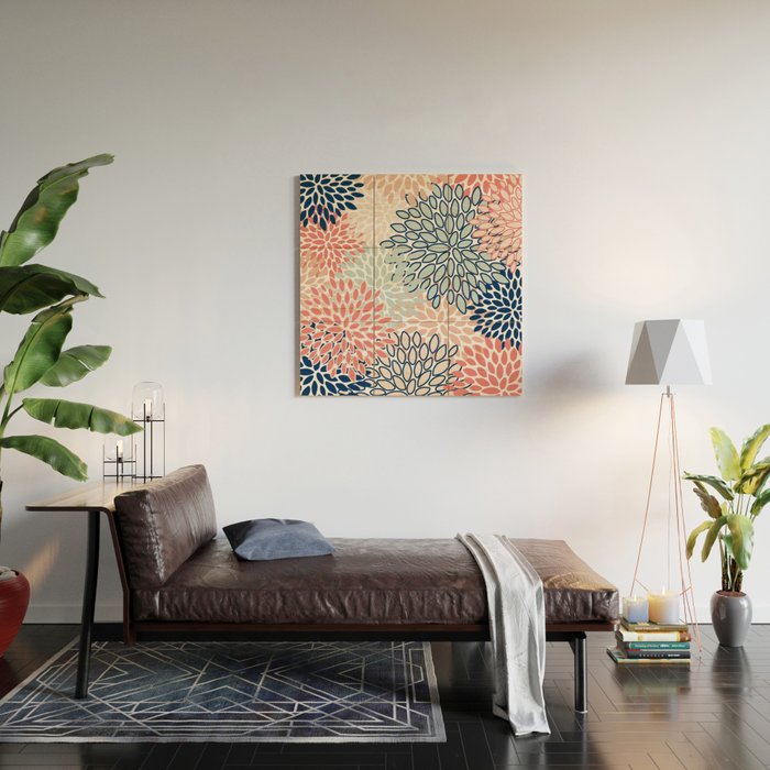 Festive, Floral Prints, Coral, Navy, Aqua Wood Wall Art Gallery Image 2