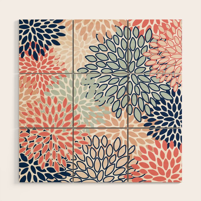 Festive, Floral Prints, Coral, Navy, Aqua Wood Wall Art Gallery Image 1