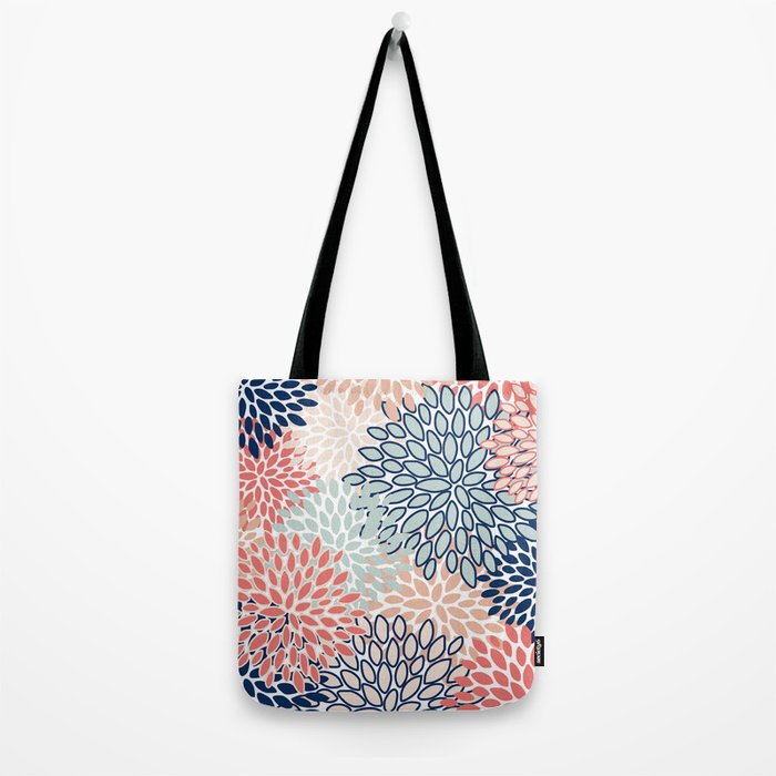 Festive, Floral Prints, Coral, Navy, Aqua Tote Bag Gallery Image 2